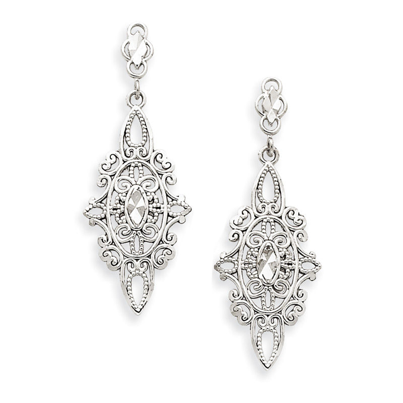 Diamond-Cut Beaded Ornate Drop Earrings in 14K White Gold|Peoples Jewellers