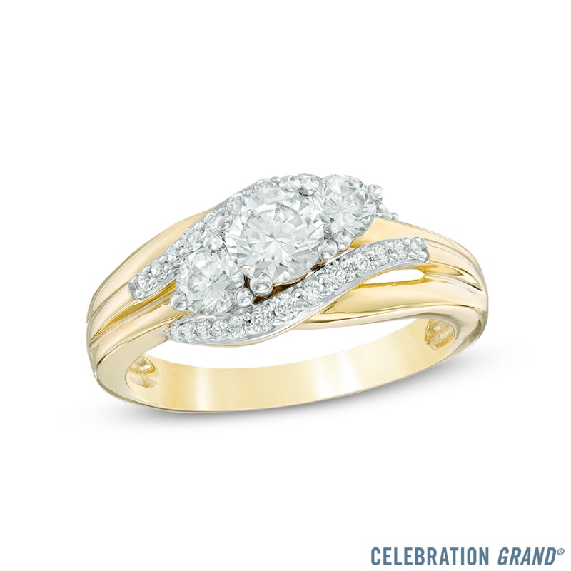Celebration Canadian Ideal 1.00 CT. T.W. Diamond Three Stone Slant Engagement Ring in 14K Gold (I/I1)