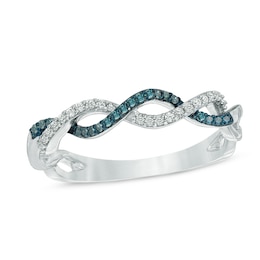 0.15 CT. T.W. Blue Enhanced and White Diamond Twist Shank Band in 10K White Gold