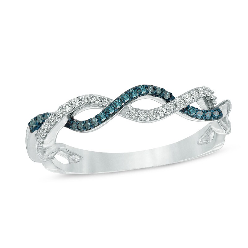 0.15 CT. T.W. Blue Enhanced and White Diamond Twist Shank Band in 10K White Gold