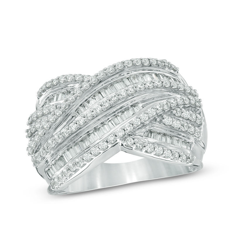 0.95 CT. T.W. Baguette Diamond Layered Criss-Cross Ring in 10K White Gold