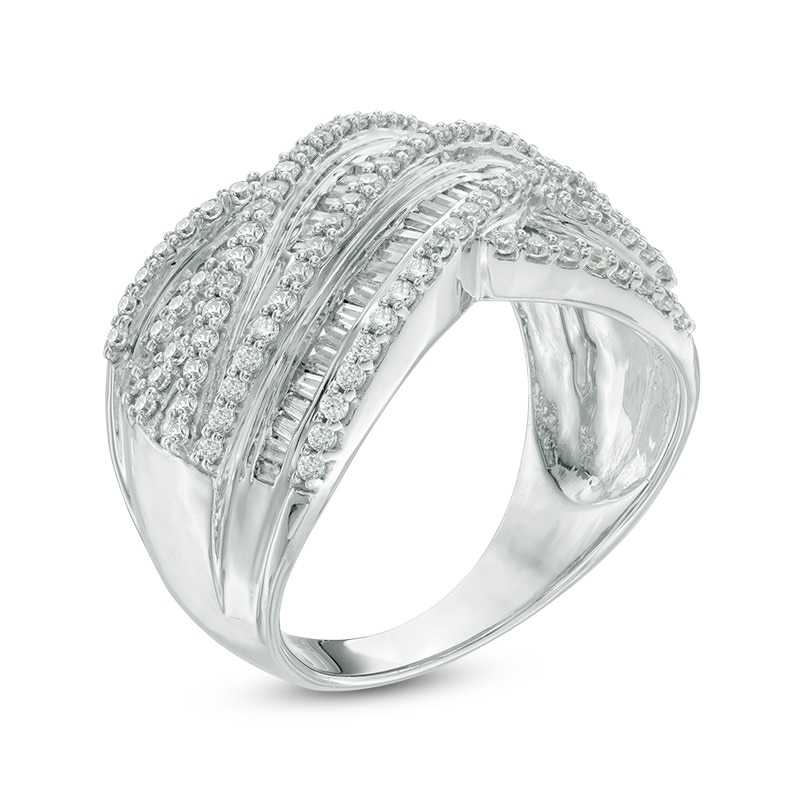 0.95 CT. T.W. Baguette Diamond Layered Criss-Cross Ring in 10K White Gold