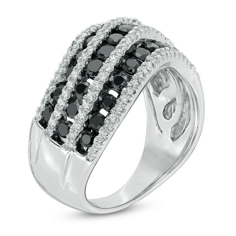 Main Image 2 of 1.45 CT. T.W. Enhanced Black and White Diamond Multi-Row Wave Ring in Sterling Silver