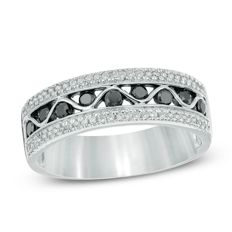 0.45 CT. T.W. Enhanced Black and White Diamond Zig-Zag Band in Sterling Silver
