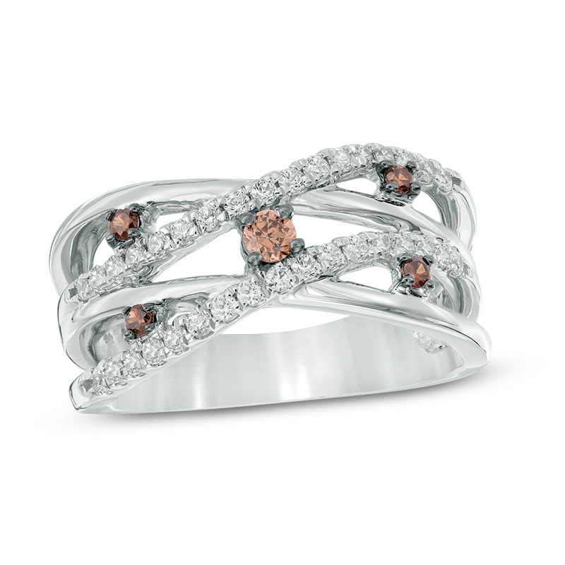 0.45 CT. T.W. Champagne and White Diamond Layered Orbit Ring in 10K White Gold