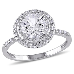 7.0mm Lab-Created White Sapphire and 0.09 CT. T.W. Diamond Double Frame Ring in 10K White Gold