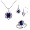 Thumbnail Image 1 of Oval Lab-Created Blue and White Sapphire with Diamond Accent Frame Pendant, Ring and Earrings Set in Sterling Silver - Size 7