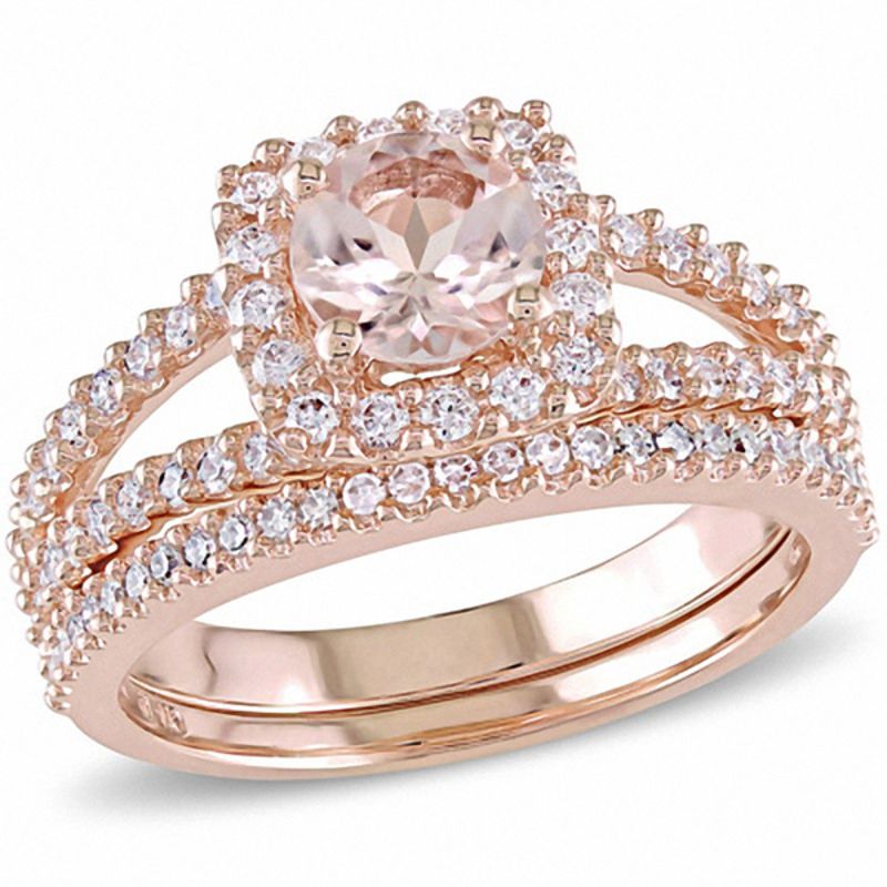 6.0mm Morganite and 0.62 CT. T.W. Diamond Square Frame Split Shank Bridal Set in 14K Rose Gold