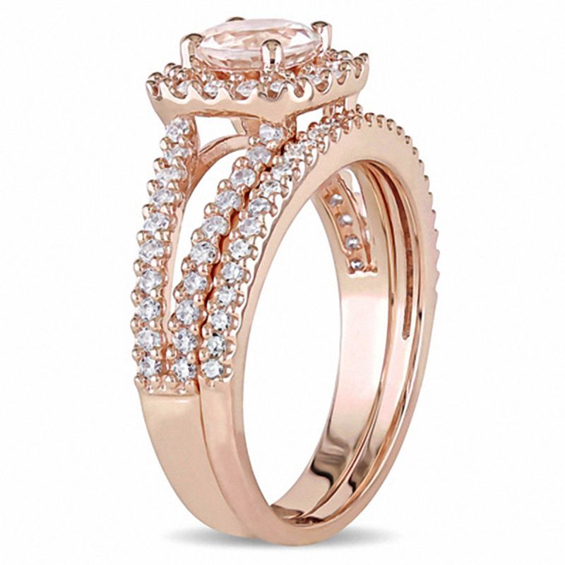 Main Image 2 of 6.0mm Morganite and 0.62 CT. T.W. Diamond Square Frame Split Shank Bridal Set in 14K Rose Gold