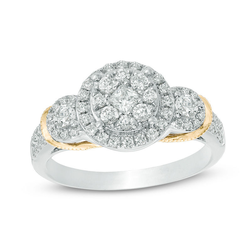 0.75 CT. T.W. Composite Diamond Three Stone Vintage-Style Engagement Ring in 14K Two-Tone Gold