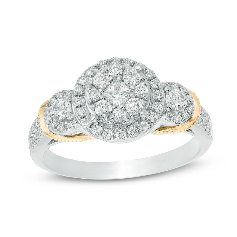 Main Image 1 of 0.75 CT. T.W. Composite Diamond Three Stone Vintage-Style Engagement Ring in 14K Two-Tone Gold