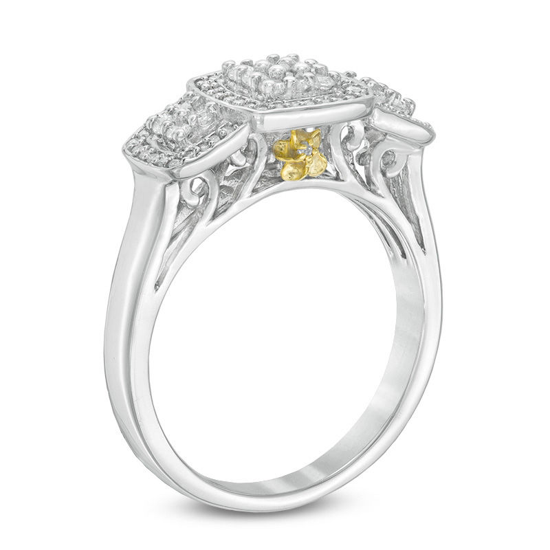0.37 CT. T.W. Composite Diamond Cushion Frame Three Stone Flower Ring in 10K Two-Tone Gold