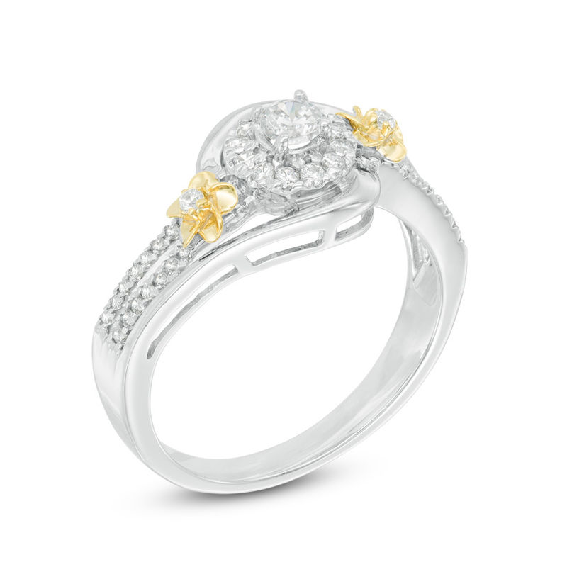 0.37 CT. T.W. Diamond Frame Flower Swirl Engagement Ring in 10K Two-Tone Gold