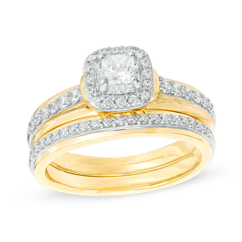 Main Image 1 of 0.77 CT. T.W. Princess-Cut Diamond Frame Bridal Set in 10K Gold