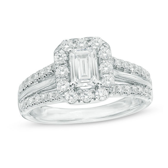 Celebration Canadian Ideal 1.50 CT. T.W. Emerald-Cut Certified Diamond Octagonal Frame Engagement Ring in 14K White Gold (I/I1)