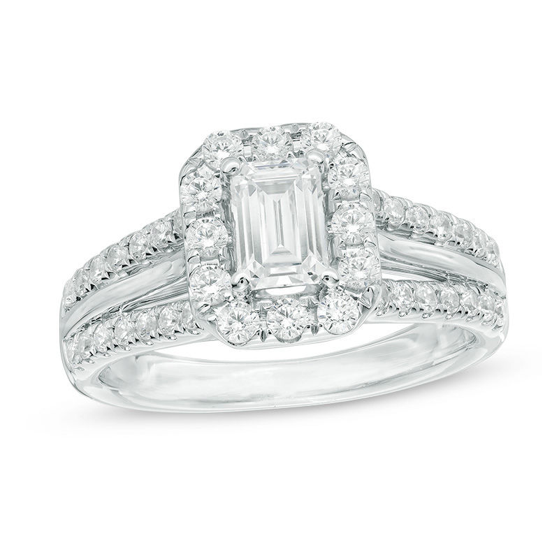Celebration Canadian Ideal 1.50 CT. T.W. Emerald-Cut Diamond Octagonal Frame Engagement Ring in 14K White Gold (I/I1)
