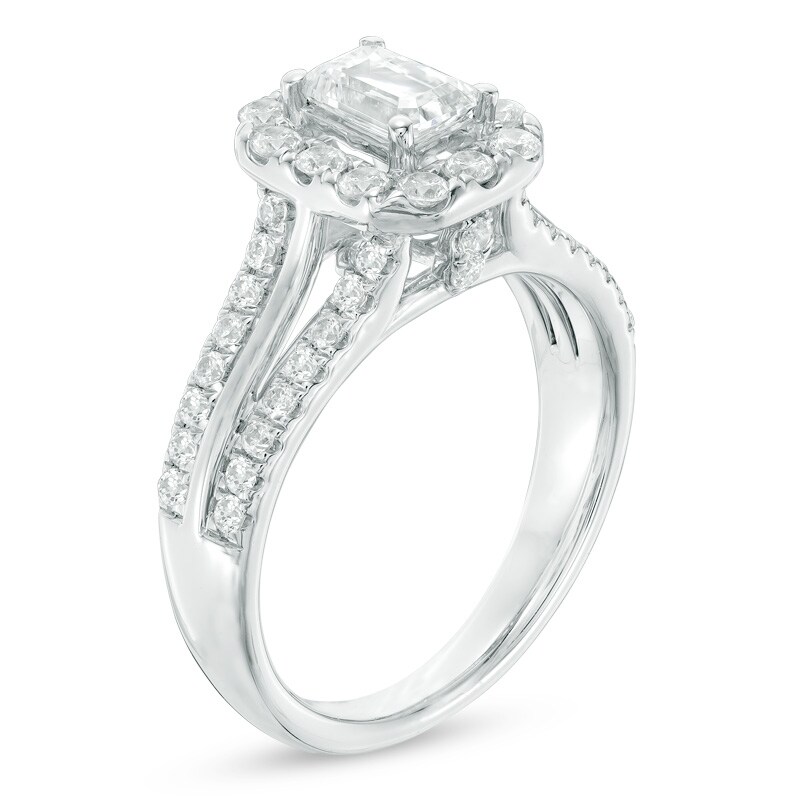 Main Image 2 of Celebration Canadian Ideal 1.50 CT. T.W. Emerald-Cut Certified Diamond Octagonal Frame Engagement Ring in 14K White Gold (I/I1)