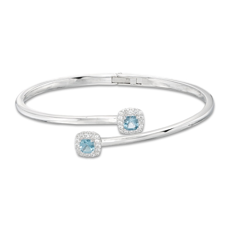 5.0mm Cushion-Cut Swiss Blue Topaz and Lab-Created White Sapphire Hinged Bypass Bangle in Sterling Silver - 7.25"