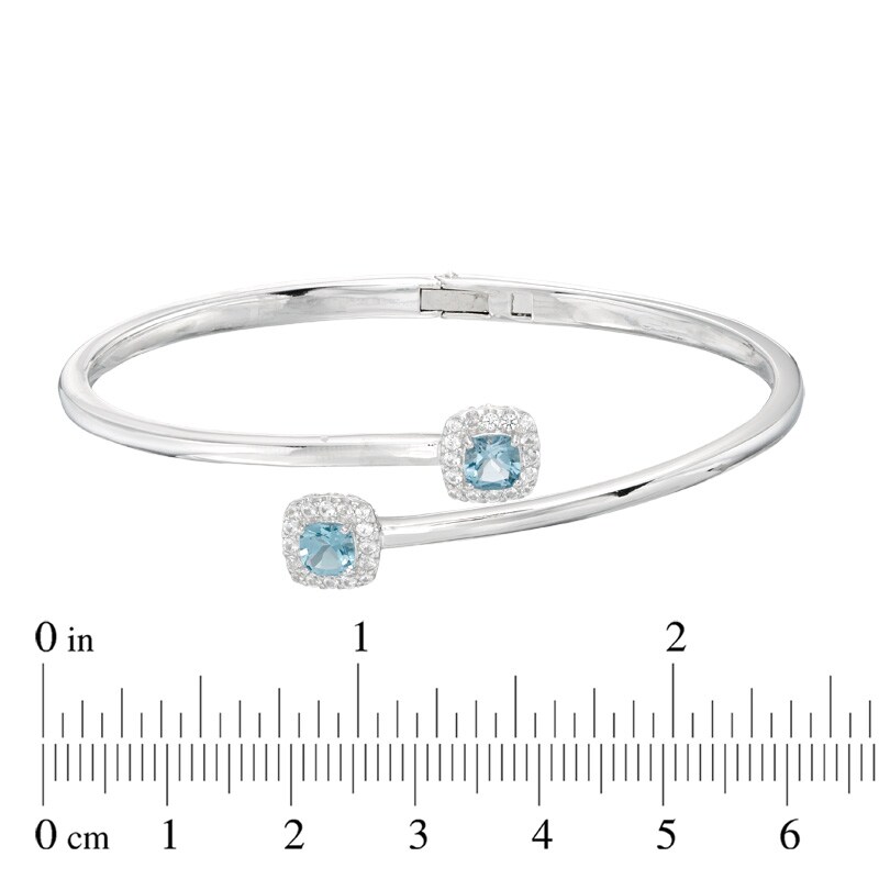 Main Image 2 of 5.0mm Cushion-Cut Swiss Blue Topaz and Lab-Created White Sapphire Hinged Bypass Bangle in Sterling Silver - 7.25"