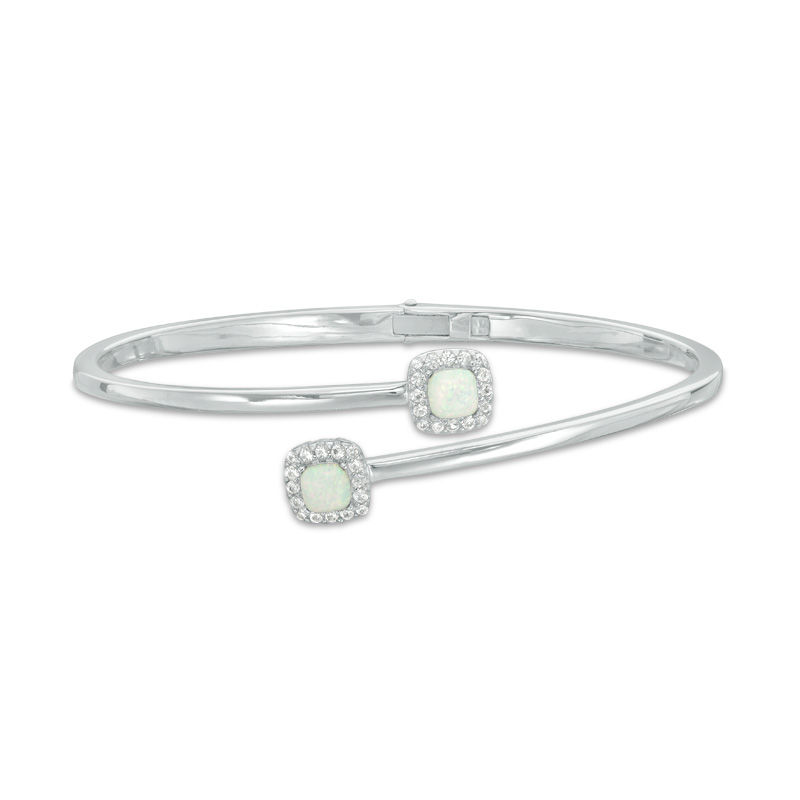 5.0mm Cushion-Cut Lab-Created Opal and White Sapphire Frame Bypass Bangle in Sterling Silver - 7.25"