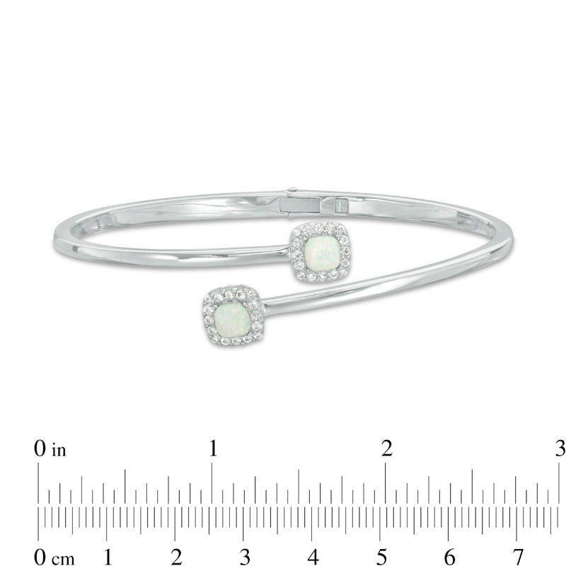 5.0mm Cushion-Cut Lab-Created Opal and White Sapphire Frame Bypass Bangle in Sterling Silver - 7.25"
