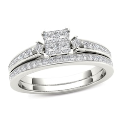 1.00 CT. T.W. Quad Princess-Cut Multi-Diamond Bridal Set in 14K White Gold