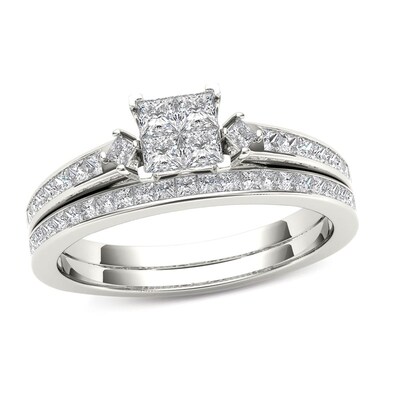 1.00 CT. T.W. Quad Princess-Cut Multi-Diamond Bridal Set in 14K Gold