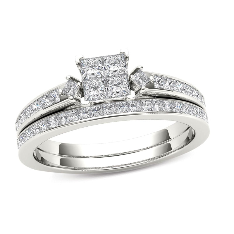 1.00 CT. T.W. Quad Princess-Cut Multi-Diamond Bridal Set in 14K Gold