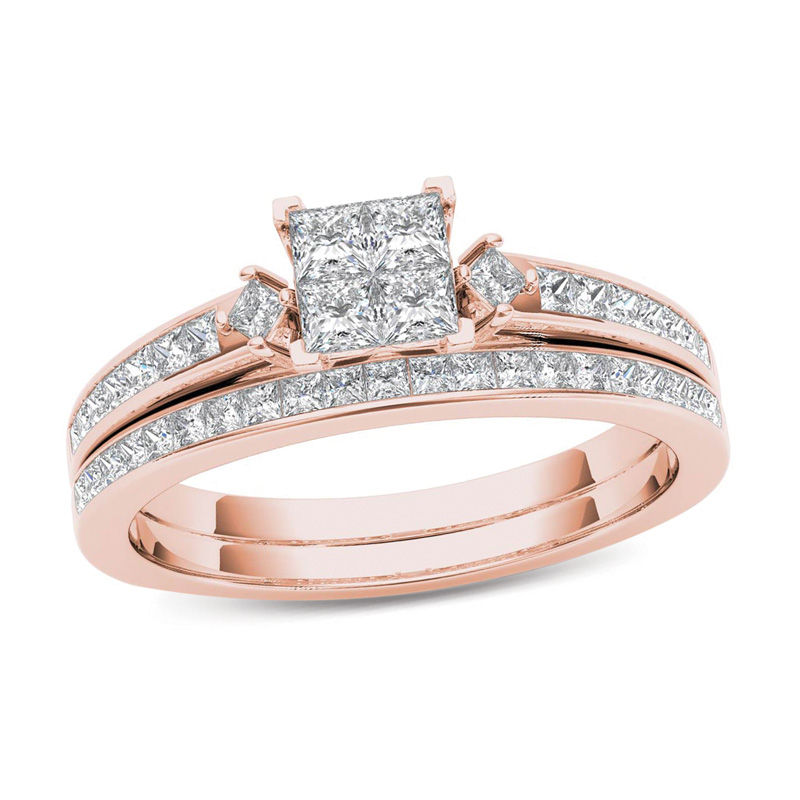 1.00 CT. T.W. Quad Princess-Cut Multi-Diamond Bridal Set in 14K Rose Gold