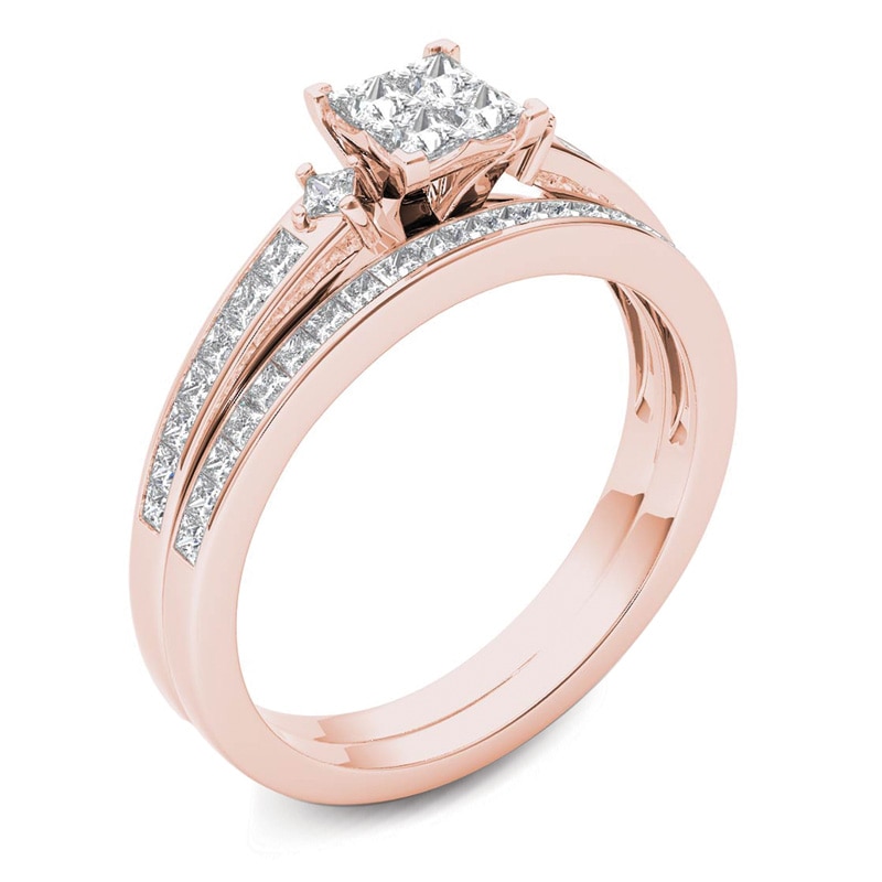 1.00 CT. T.W. Quad Princess-Cut Multi-Diamond Bridal Set in 14K Rose Gold