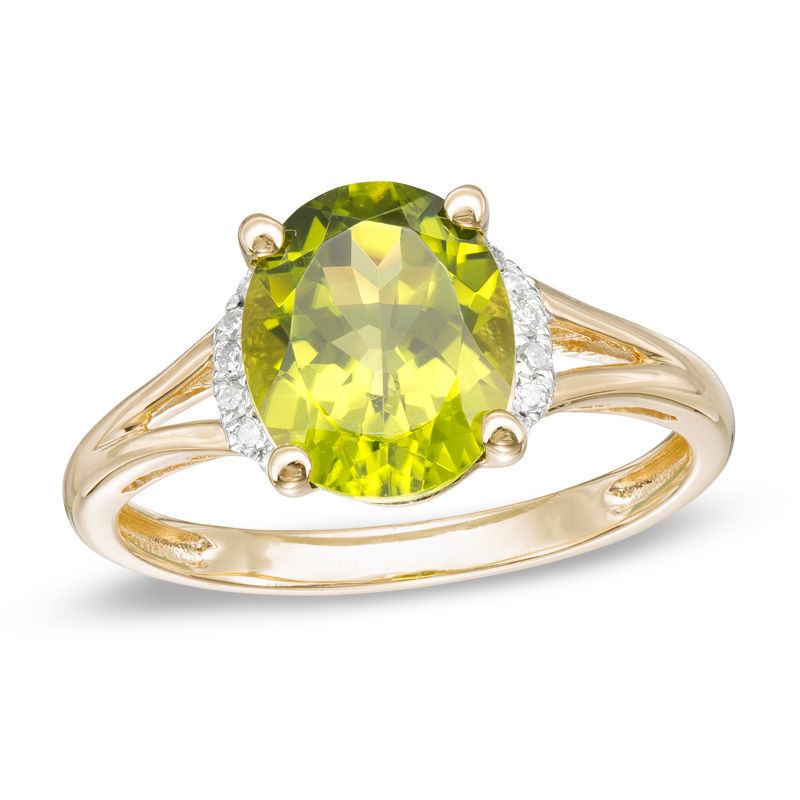 Oval Peridot and Diamond Accent Split Shank Ring in 10K Gold
