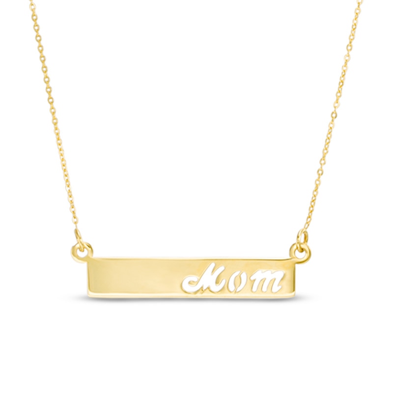 "Mom" Sideways Bar Necklace in 10K Gold - 17"