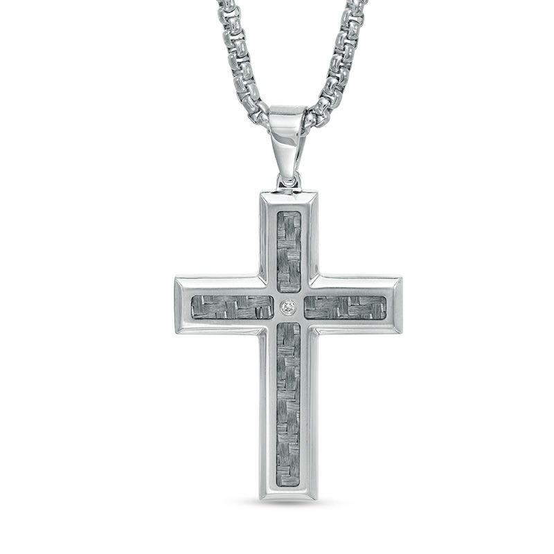 Main Image 1 of Men's Diamond Accent Grey Carbon Fibre Cross Pendant in Stainless Steel