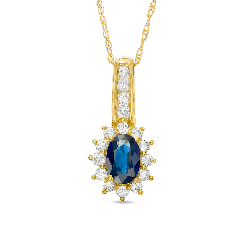 Oval Blue Sapphire and 0.25 CT. T.W. Diamond Starburst Frame Drop Pendant in 10K Gold