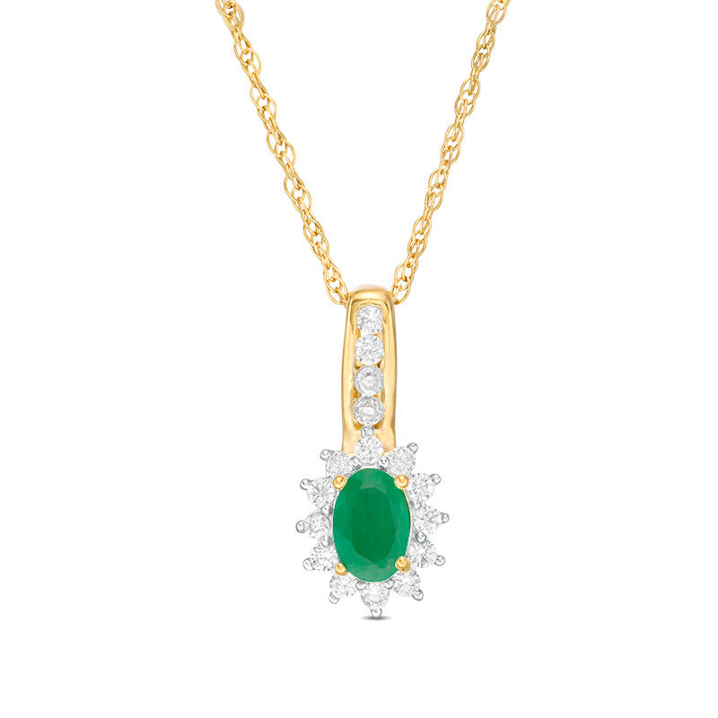 Oval Emerald and 0.25 CT. T.W. Diamond Sunburst Frame Pendant in 10K Gold|Peoples Jewellers