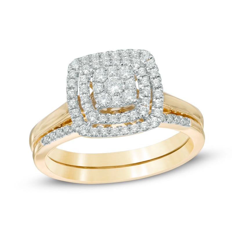 Main Image 1 of 0.45 CT. T.W. Composite Diamond Double Cushion Frame Bridal Set in 10K Gold