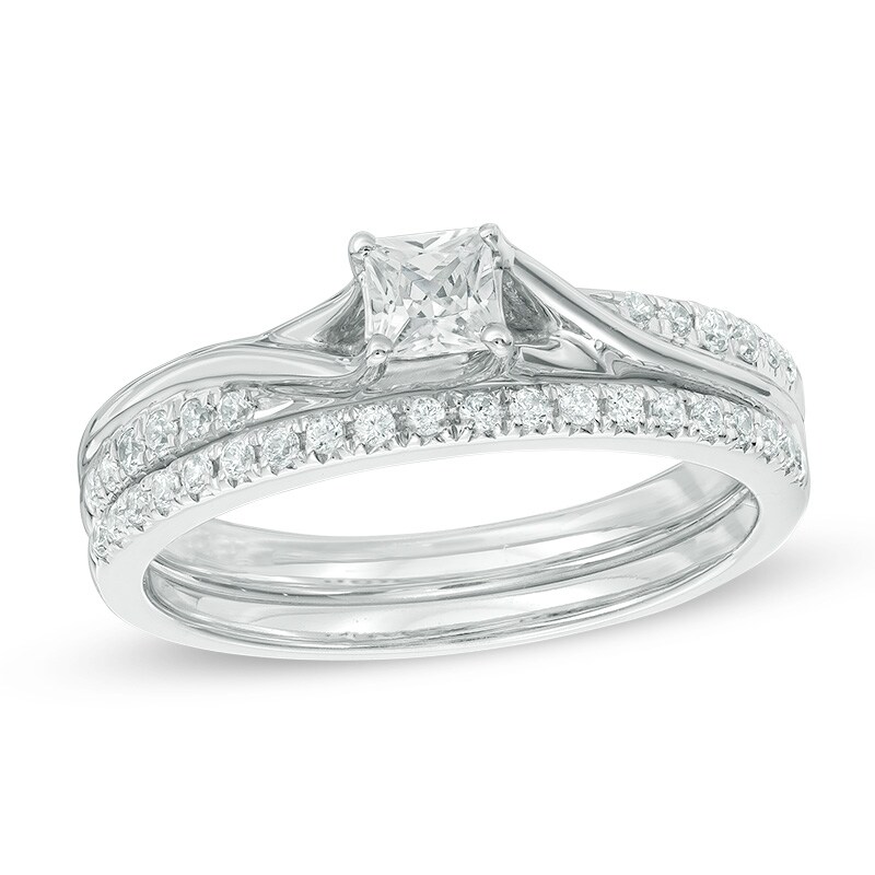 Main Image 1 of 0.45 CT. T.W. Princess-Cut Diamond Bypass Bridal Set in 10K White Gold