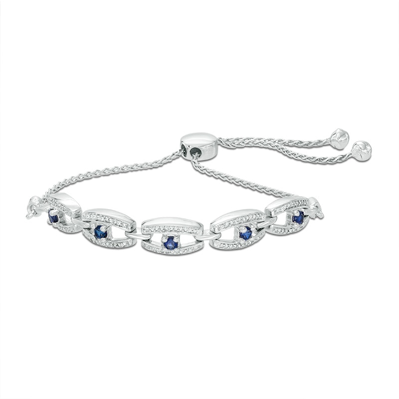 Lab-Created Blue Sapphire and 0.15 CT. T.W. Diamond Frame Five Stone Bolo Bracelet in Sterling Silver - 9.5"|Peoples Jewellers