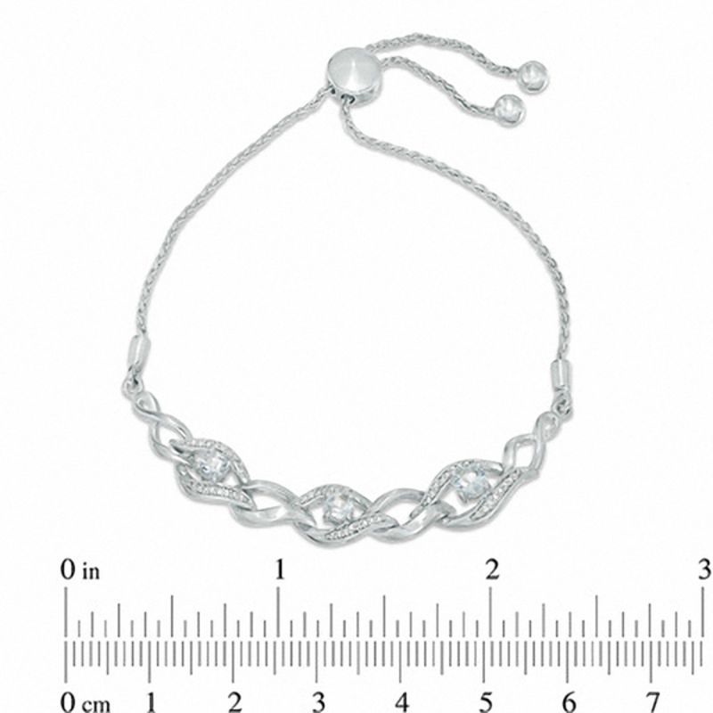 Main Image 2 of 4.0mm Aquamarine and 0.09 CT. T.W. Diamond Flame Three Stone Bolo Bracelet in Sterling Silver - 9.5"