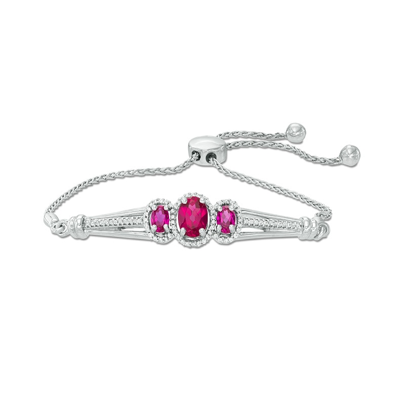 Oval Lab-Created Ruby and 0.18 CT. T.W. Diamond Three Stone Bolo Bracelet in Sterling Silver - 9.5"|Peoples Jewellers