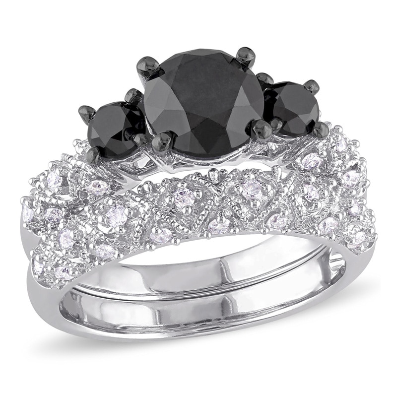 2.98 CT. T.W. Enhanced Black and White Diamond Three Stone Vintage-Style Bridal Set in 10K White Gold|Peoples Jewellers