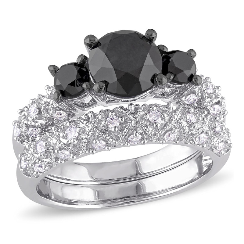 Main Image 1 of 2.98 CT. T.W. Enhanced Black and White Diamond Three Stone Vintage-Style Bridal Set in 10K White Gold