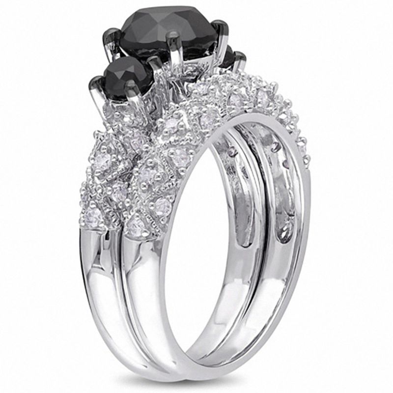 2.98 CT. T.W. Enhanced Black and White Diamond Three Stone Vintage-Style Bridal Set in 10K White Gold