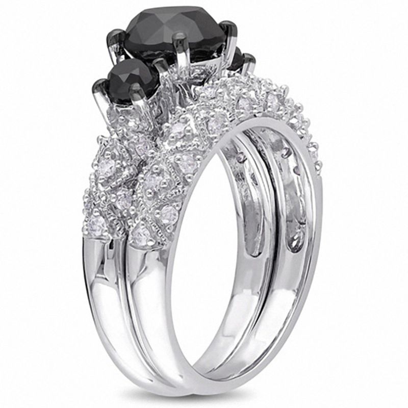Main Image 2 of 2.98 CT. T.W. Enhanced Black and White Diamond Three Stone Vintage-Style Bridal Set in 10K White Gold