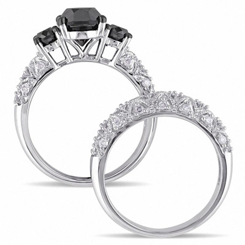 2.98 CT. T.W. Enhanced Black and White Diamond Three Stone Vintage-Style Bridal Set in 10K White Gold