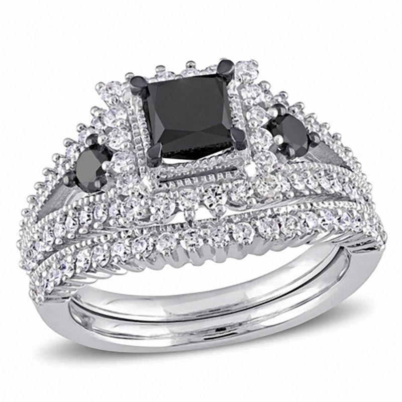 2.06 CT. T.W. Princess-Cut Enhanced Black and White Diamond Milgrain Split Shank Bridal Set in 10K White Gold