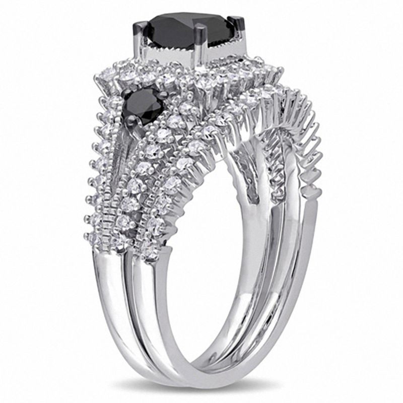 Main Image 2 of 2.06 CT. T.W. Princess-Cut Enhanced Black and White Diamond Milgrain Split Shank Bridal Set in 10K White Gold