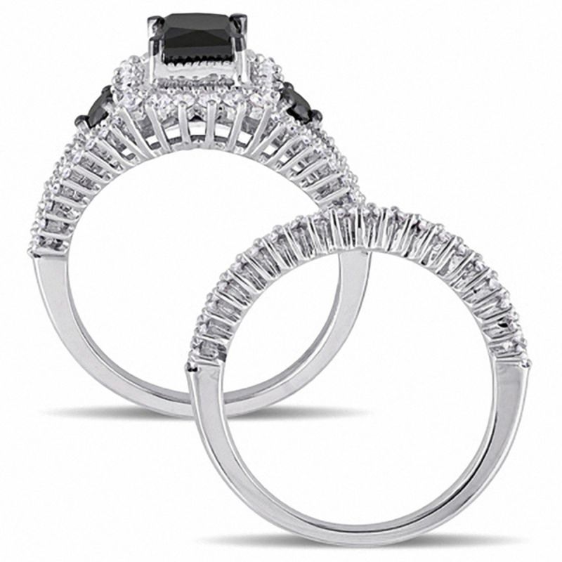2.06 CT. T.W. Princess-Cut Enhanced Black and White Diamond Milgrain Split Shank Bridal Set 10K Gold