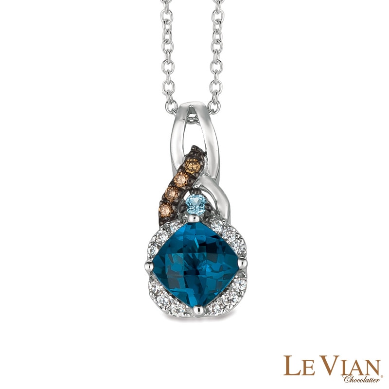 Le Vian® 6.0mm Deep Sea Blue Topaz™ and 0.11 CT. T.W. Diamond Frame Pendant in 14K Vanilla Gold™