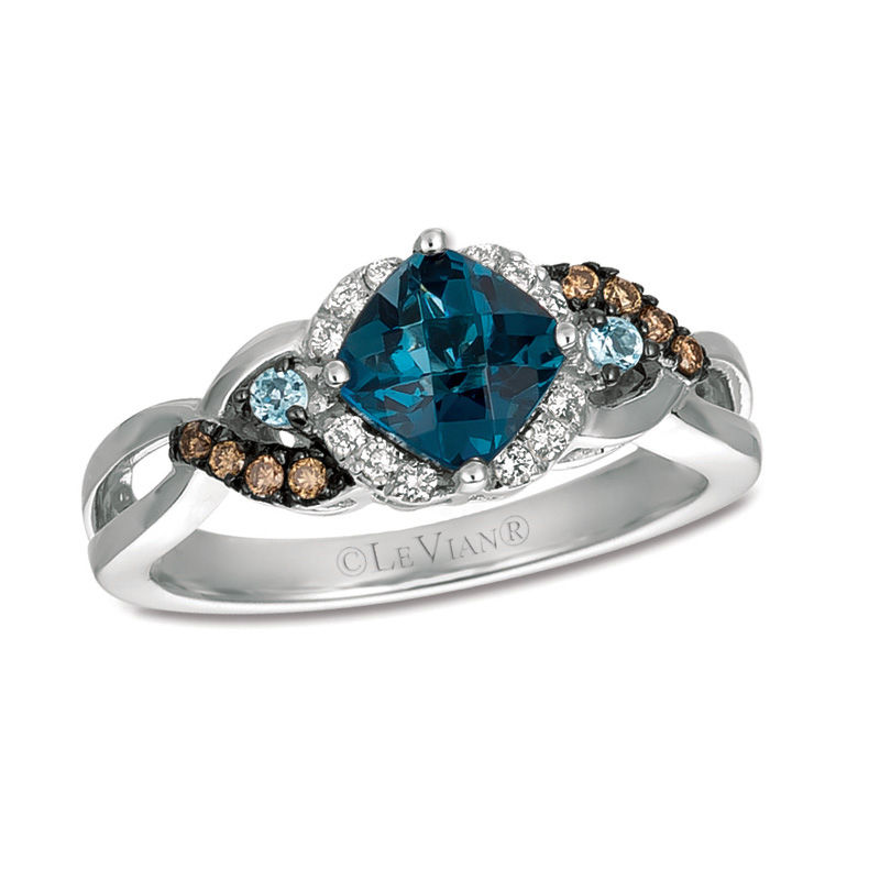 Le Vian® 6.0mm Deep Sea Blue Topaz™ and 0.14 CT. T.W. Diamond Frame Ring in 14K Vanilla Gold™